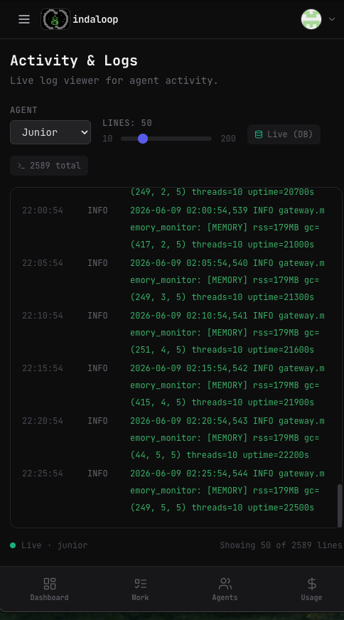 InDaLoop mobile Activity and Logs screen showing live agent logs for review