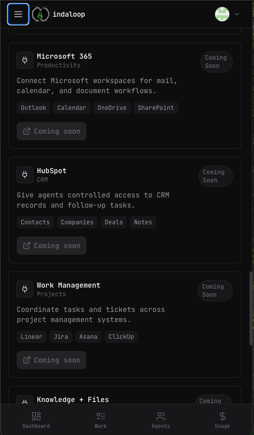 InDaLoop mobile Connections screen showing Microsoft 365, HubSpot, work management, and knowledge tool support