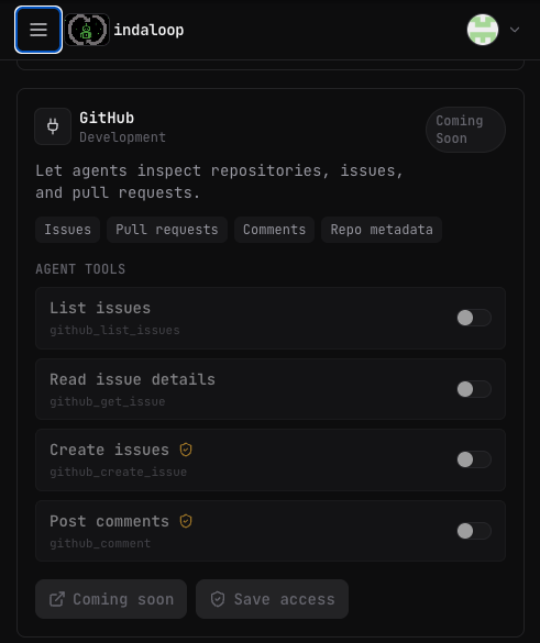 InDaLoop mobile Connections screen showing GitHub tools for issues, pull requests, comments, and repo metadata