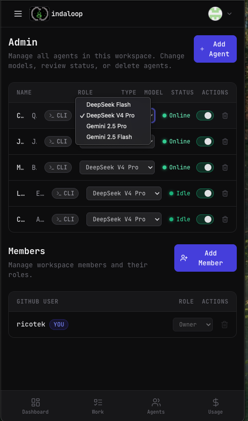 InDaLoop mobile Admin screen showing a model selector with multiple LLM options per agent