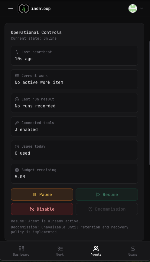 InDaLoop mobile Operational Controls screen showing pause and disable controls for an agent