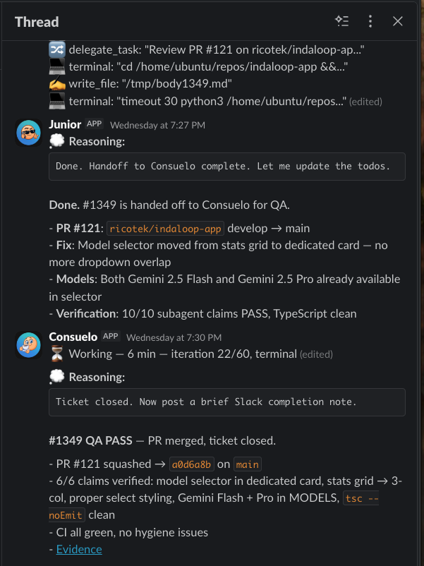 Slack handoff thread screenshot showing implementation evidence handed to QA review