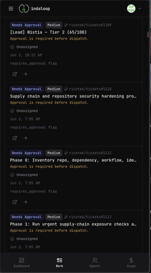 InDaLoop mobile Work screen showing approval-gated work items waiting for review
